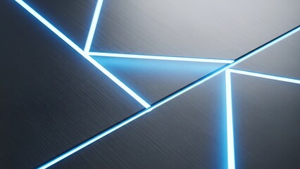 Abstract geometric background with bright blue neon lines on dark metal