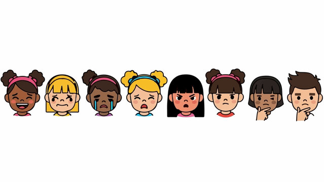 Diverse cartoon children displaying a range of emotions, from joy and sadness to anger and thoughtfulness