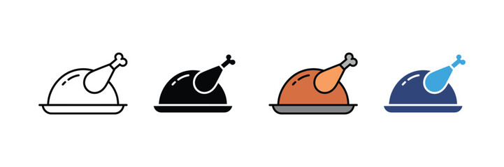 Roast Chicken Food Icons Set. Baked Turkey, Grilled Meat, Restaurant Vector Illustration