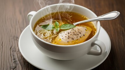 A hot bowl of fresh vegetable soup served with a healthy cup of tea with mint and lemon makes a delicious vegetarian meal for a light dinner or lunch