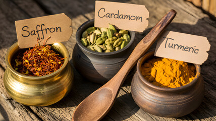 Vibrant spices, saffron, cardamom, and turmeric, artfully arranged, evoke the essence of culinary artistry and global gastronomy.