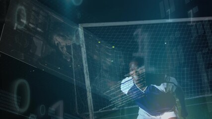 Animation of data processing and binary coding over african american goalkeeper on football pitch - Powered by Adobe