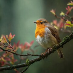 Fototapeta premium Robin perched on mossy branch in the rain