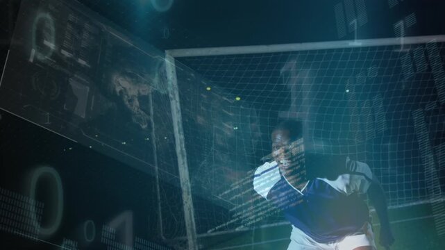 Animation of data processing and binary coding over african american goalkeeper on football pitch