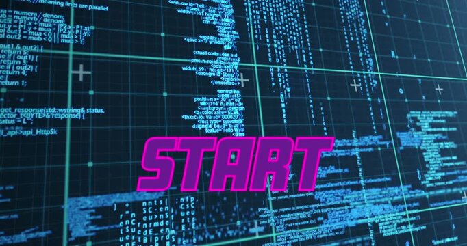 Purple start text banner against data processing on blue background