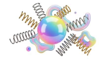 3d shapes, geometric isolated figures. Sphere, springs, abstract modern playful 3d rendering design elements
