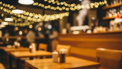 Warm and inviting restaurant interior with blurred people and string lights