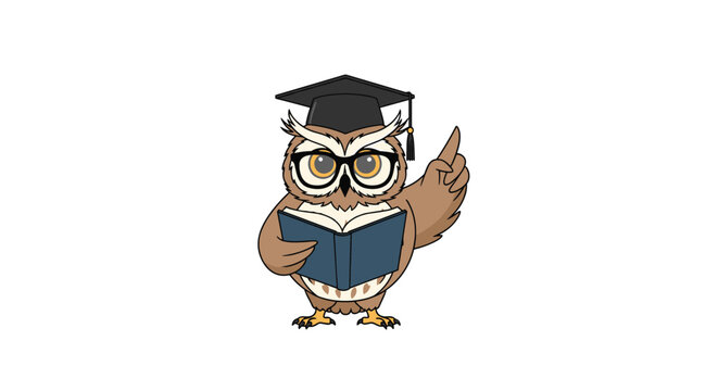 A scholarly cartoon owl character wearing a graduation cap and glasses, holding an open book and pointing a finger up with an idea.