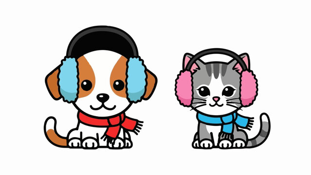 Cute cartoon dog and cat wearing winter earmuffs and scarves