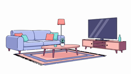 Cozy living room with plush sofa, coffee table, rug, and entertainment center