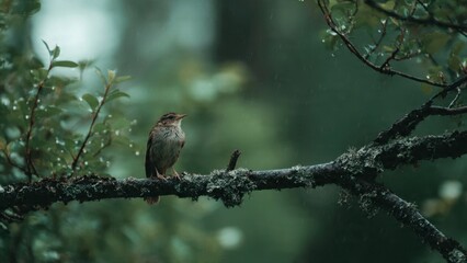 Small bird perched on a lichen-covered branch