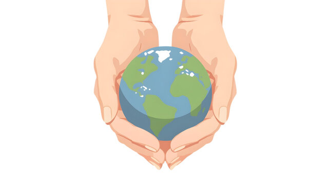 Caring hands gently cradling a flat 2D Earth illustration, symbolizing global environmental protection, human responsibility, and planetary sustainability - Powered by Adobe