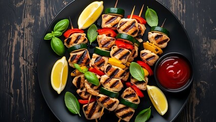Fresh vegetables and seasoned meat cook in a healthy red frying pan for a delicious grilled dinner meal featuring pepper, onion, and tomato in a traditional vegetarian cuisine style