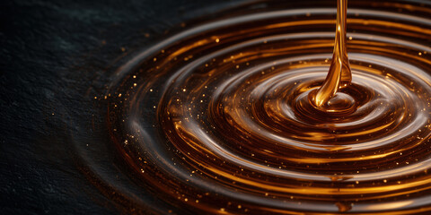 Golden liquid flowing creating abstract ripples on dark surface