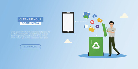 Clean Up Social Media Digital Detox Banner. Cleanup social media and smartphone. Digital detox awareness ideal for business and marketing. Green technology. Flat design. Vector illustration