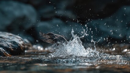 Starling splashes in clear water