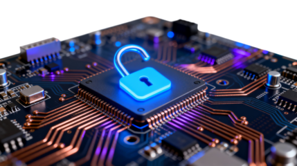 Secure Microchip on Circuit Board with Padlock Icon