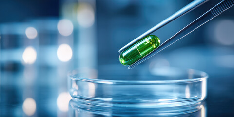 Tweezers holding green capsule over petri dish