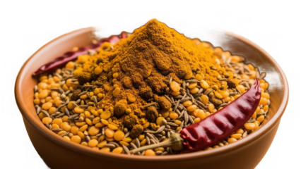 Indian spices and lentils in a clay bowl with dried chilies isolated on transparent background