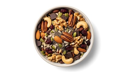 A closeup of a healthy breakfast bowl of cereal with milk and an Easter egg, featuring a sweet meal of nuts, raisins, and dried fruit isolated on white for nutrition