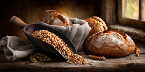Fresh baked bread with wheat grains on rustic table