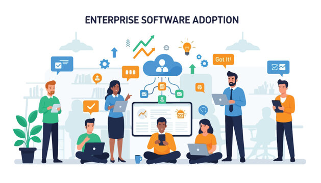 Diverse business team collaborating on enterprise software adoption and digital transformation in a modern office environment with cloud technology.