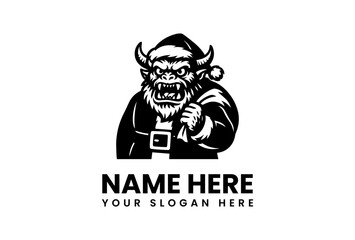 Obraz premium Black and white illustration of a horned Santa Claus character with a menacing expression, wearing a robe and holding a sack, against a clean white background with space for custom text.