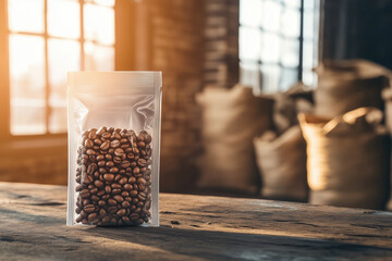 Coffee beans in transparent bag on wooden table