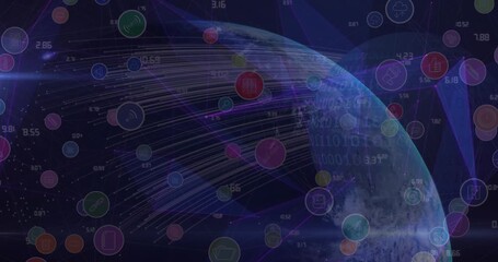 Animation of network of connections with icons and data processing over hands typing on keyboard - Powered by Adobe