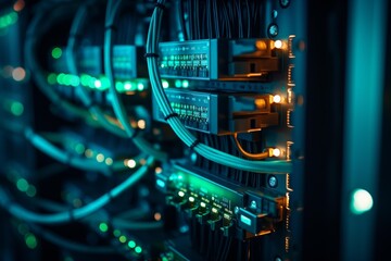 Server rack featuring illuminated connections and data cables transferring information