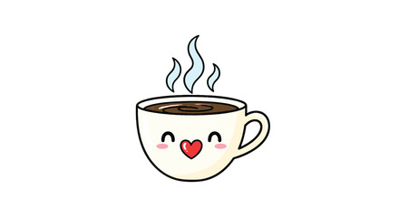Adorable kawaii-style coffee cup character with a smiling face, blushing cheeks, a heart nose, and steam rising from the top.
