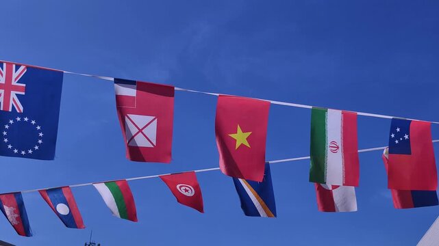 Various international flags including Vietnam and Iran wave on strings against clear blue sky. High-quality footage of global unity and diversity blowing in gentle breeze