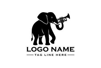 Obraz premium Black silhouette logo of an elephant playing a trumpet on a white background with placeholder text for a logo name and tagline.