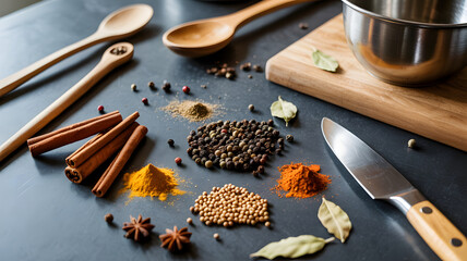 An artfully arranged ensemble of culinary implements and spices, capturing a sensory explosion on a matte, granite surface, creating a visual feast.