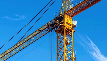 ** A vibrant yellow construction crane set against a clear blue sky, highlighting industrial engineering and construction machinery. **