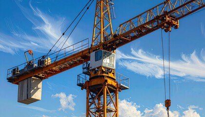 Tower crane at a construction site with a blue sky and dramatic clouds, symbolizing urban growth and industrial progress.