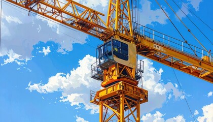 Tower crane set against a vibrant blue sky with clouds, symbolizing construction and urban growth.