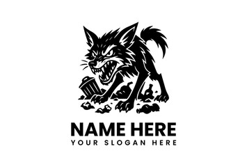 Black and white logo of a snarling wolf with sharp teeth and claws, surrounded by rocks and debris, against a clean white background.