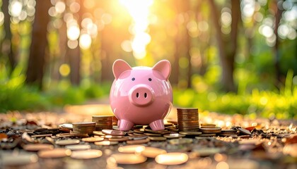Pink piggy bank surrounded by coins in a sunlit forest, representing savings and financial growth in a natural environment.