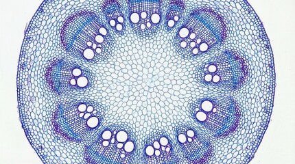 Microscopic cross-section of a plant stem, revealing vascular bundles arranged in a ring, indicative of dicotyledonous plants.