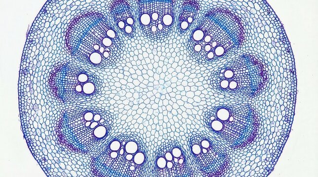 Microscopic cross-section of a plant stem, revealing vascular bundles arranged in a ring, indicative of dicotyledonous plants.