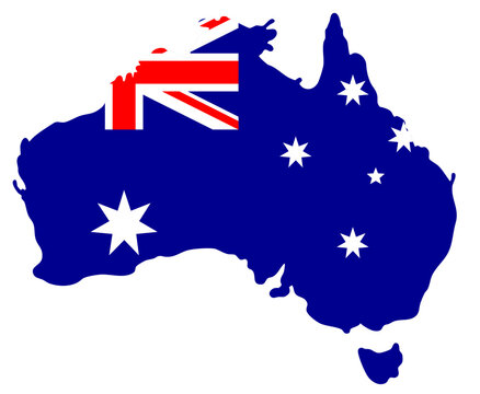 Australian continent country shape with flag colors, Australia map silhouette filled with national flag isolated on transparent background,