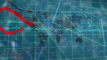 Red graphs over financial data processing and world map against blue background - Powered by Adobe