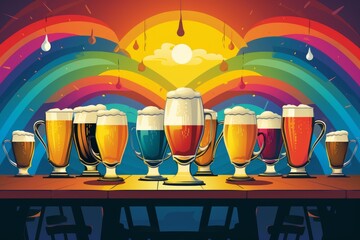 Many different beers standing on a table under a vibrant rainbow sky