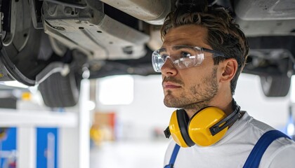 Mechanic in a workshop examining a car's undercarriage, wearing safety glasses and headphones for protection.