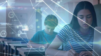 Animation of network of connections over hispanic girl learning with laptop at school - Powered by Adobe