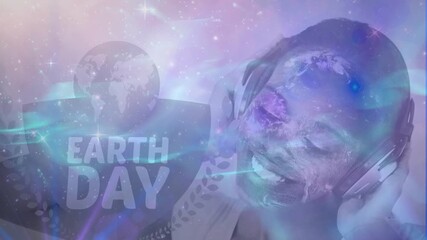 Animation og earth day and shapes moving over happy african american woman wearing headphones