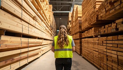 Rear view of a worker in a safety vest navigating a lumber warehouse aisle with stacked wooden planks.