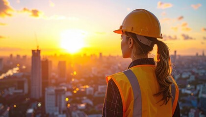 A female engineer in a hard hat and reflective vest observes a city skyline at sunset, symbolizing progress and development.