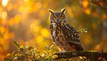 A stunning owl sits on a branch in a sunlit forest, surrounded by golden bokeh, capturing the essence of nature and wildlife.